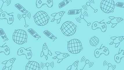 Seamless pattern of technology and space-themed doodles including game controllers, globes, and rockets on a light blue background. - Powered by Adobe
