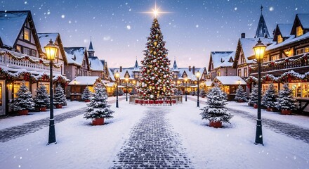 Festive Christmas Village scene with a dazzling tree and falling snow at dusk