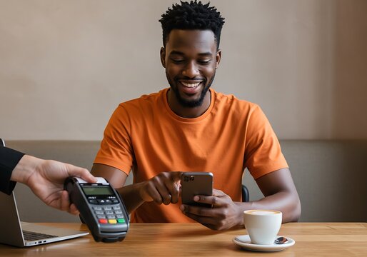 A young man cheerfully performs a mobile transaction, illustrating the ease of modern digital payment technology