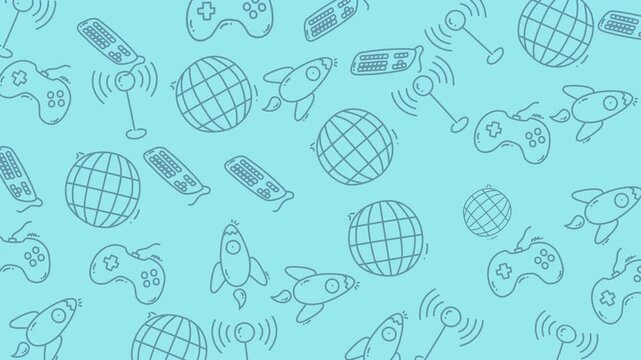 Seamless pattern of technology and space-themed doodles including game controllers, globes, and rockets on a light blue background.