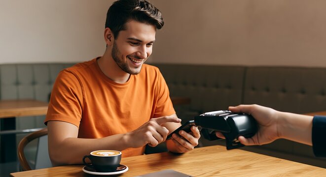 A young man cheerfully performs a mobile transaction, illustrating the ease of modern digital payment technology