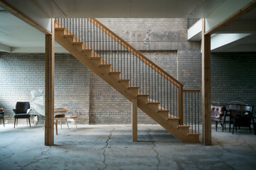 Modern Wooden Staircase in Industrial Brick Interior – Urban Loft Design Element with Rustic...