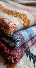 Stacked colorful woven blankets with fringe