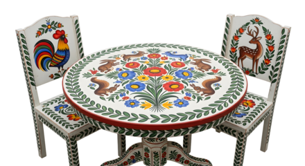 A white ornate table and chairs set are intricately decorated with a colorful floral and animal embroidery pattern. Set against a transparent backdrop, this folk art furniture showcases rustic charm.