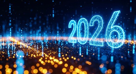 Dynamic 2026 digital future with glowing blue and gold technology design