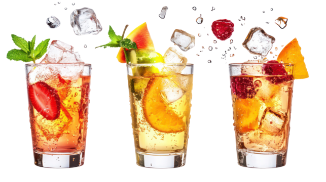 Three refreshing fruit cocktails with ice and mint isolated on transparent background