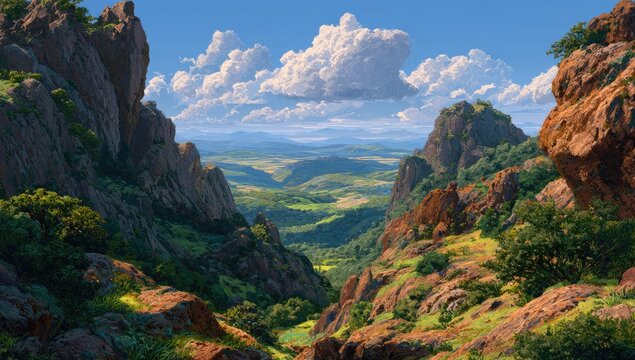 Rocky vista, valley view, dramatic mountains