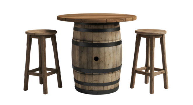 Rustic wooden barrel table set with two matching stools isolated on transparent background. Perfect for adding a vintage or country touch to any indoor setting. Rendered studio shot.