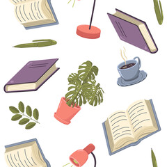Vector seamless pattern with open and closed books with a cup of coffee and plants. Decor for packaging, wallpaper and textile. Illustration for World Book Day.