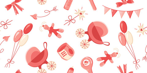 Vector seamless pattern for a gender reveal party. Illustration with baby clothes and toys for girls in pink.