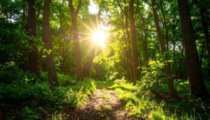 Sunbeams pierce lush forest path