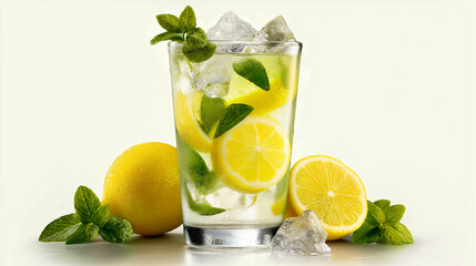 Fototapeta premium glass of lemonade with lemon with ice and mint mojito cocktail