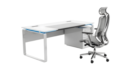 Clean white desk with metal frame and a modern ergonomic mesh chair. Studio shot shows setup against transparent backdrop, suitable for office furniture arrangement and interior design mockups.
