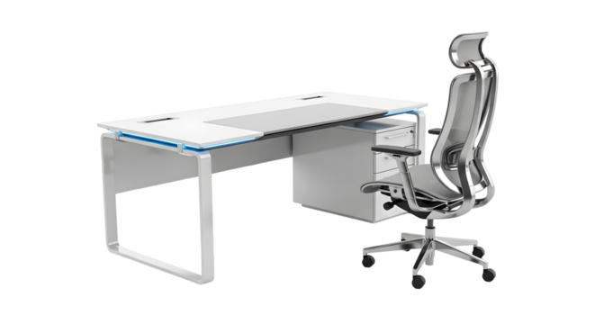 Clean white desk with metal frame and a modern ergonomic mesh chair. Studio shot shows setup against transparent backdrop, suitable for office furniture arrangement and interior design mockups.