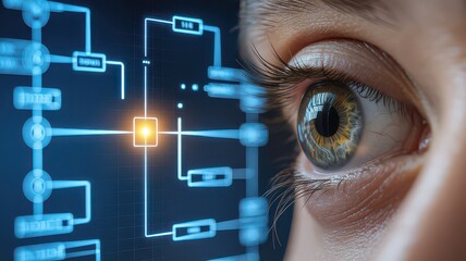 A close up of an eye with a digital interface overlayed showing technology and connection points