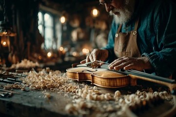 Photorealistic shot inside a master luthier’s workshop, detailed view of tools, wood, and handcrafted string instruments, warm light, showcasing craftsmanship and artisanal skill.