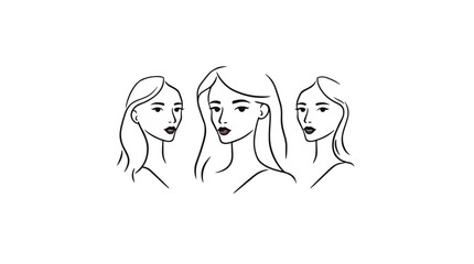 Minimalist line art illustration of three women with flowing hair, gazing in different directions.