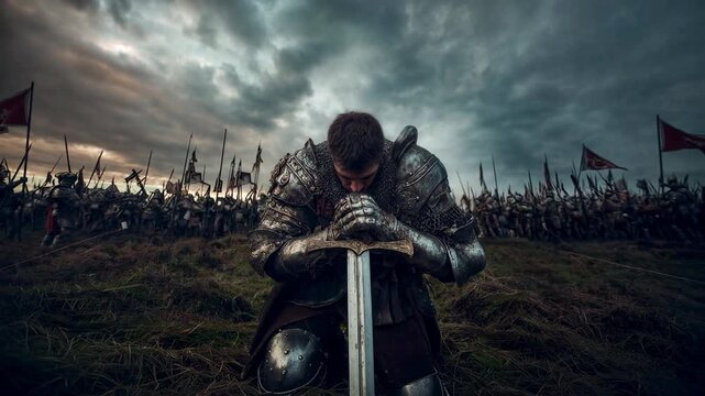 Medieval knight praying before battle under stormy sky, cinematic visual of faith, strength, and devotion in historical and religious storytelling.