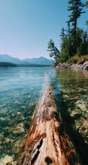 Tranquil lake scene with submerged log