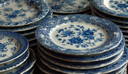 Stacked antique plates, blue & white floral design