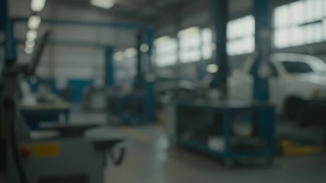 A heavily defocused wide shot of a spacious auto repair shop. The blurred shapes of car lifts, tools, and vehicles create a perfect industrial background for text or graphics. This bokeh-rich scene is