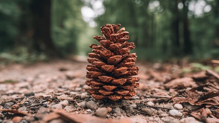Detailed pine cone standing on ground with green blurred forest background