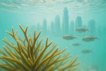 Tranquil underwater coral reef ecosystem with swimming fish and modern city skyline visible through clear turquoise water