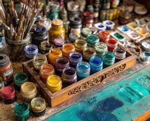 Assorted paint containers and brushes on a wooden surface