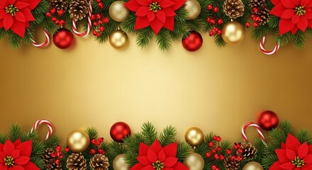Festive Christmas decorations with poinsettias, ornaments, and pine cones on gold background