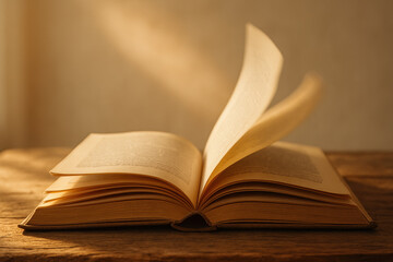 Obraz premium Open vintage book with pages turning in warm sunlight, old literature on rustic wooden table, reading and knowledge concept