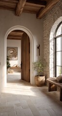 Sunlit hallway with arched doorway, rustic design