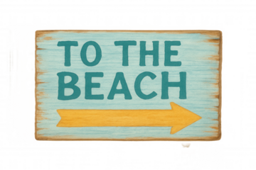 Wooden sign to the beach with directional arrow, indicating summer vacation travel and holiday relaxation, transparent background