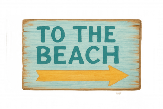 Wooden sign to the beach with directional arrow, indicating summer vacation travel and holiday relaxation, transparent background