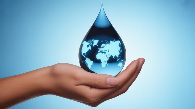 A hand holding a water drop containing a world map against a gradient blue background image - Powered by Adobe