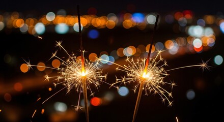 Sparkling fireworks display with bokeh lights, celebrating joy and happiness