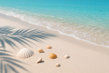 Seashells scattered on soft sandy beach with turquoise ocean waves and palm leaf shadows under bright summer sunlight