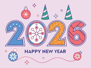 Playful and vibrant new year 2026 celebration design with colorful abstract elements and festive typography