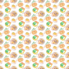 Spring Appetizers Seamless Pattern, Celebration Food, Colored Pencil Drawing Style