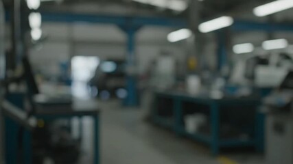 An out-of-focus shot of a spacious industrial workshop or auto repair garage. The soft bokeh background features workbenches, equipment, and a vehicle, providing an ideal, generic setting for text ove