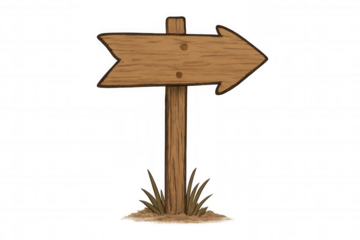 Wooden signpost guiding direction, blank arrow board for custom message, transparent background illustration