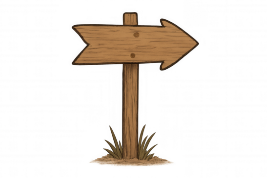 Wooden signpost guiding direction, blank arrow board for custom message, transparent background illustration