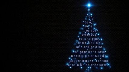 Glowing binary christmas tree with blue digits and star topper on the right, tiny leds forming lines, dark textured background with wide copyspace left, tech festive atmosphere - Powered by Adobe
