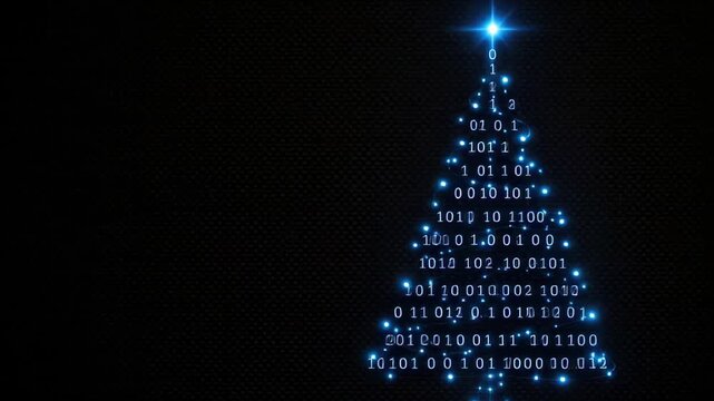 Glowing binary christmas tree with blue digits and star topper on the right, tiny leds forming lines, dark textured background with wide copyspace left, tech festive atmosphere