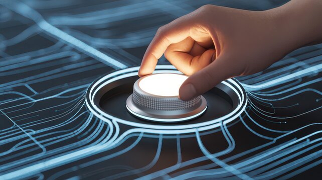 A hand turning a bright knob surrounded by glowing lines on a dark surface in close up view