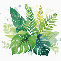 Obraz premium A vibrant arrangement of lush tropical leaves, including monstera and palm fronds, painted in a fresh watercolor style, concept of exotic summer paradise