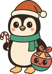 Fototapeta premium Retro penguin with scarf and Santa hat Design, Groovy Retro Christmas Clipart, Retro Xmas Sublimation, Groovy Holiday illustration