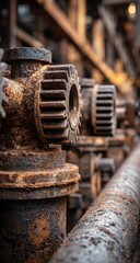 Close-up of rusty gears and pipes in an industrial setting