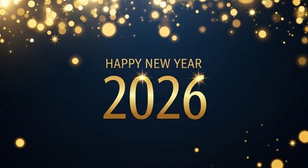 Golden Happy New Year 2026 with sparkling bokeh lights on dark blue