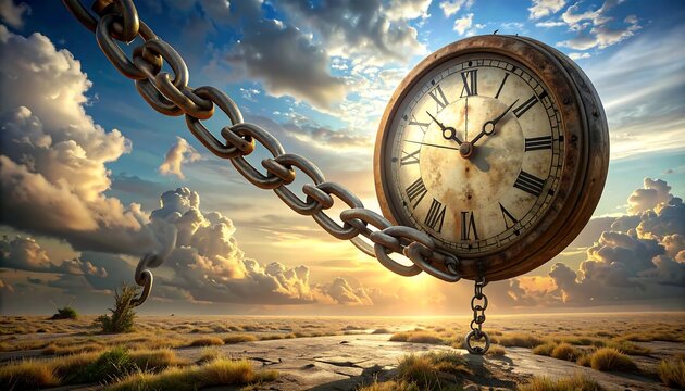 Old pocket watch suspended by chain over a desert