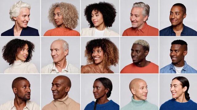 Diverse portraits of multiethnic men and women smiling and connecting, ideal for ads about teamwork, global community, and human diversity.